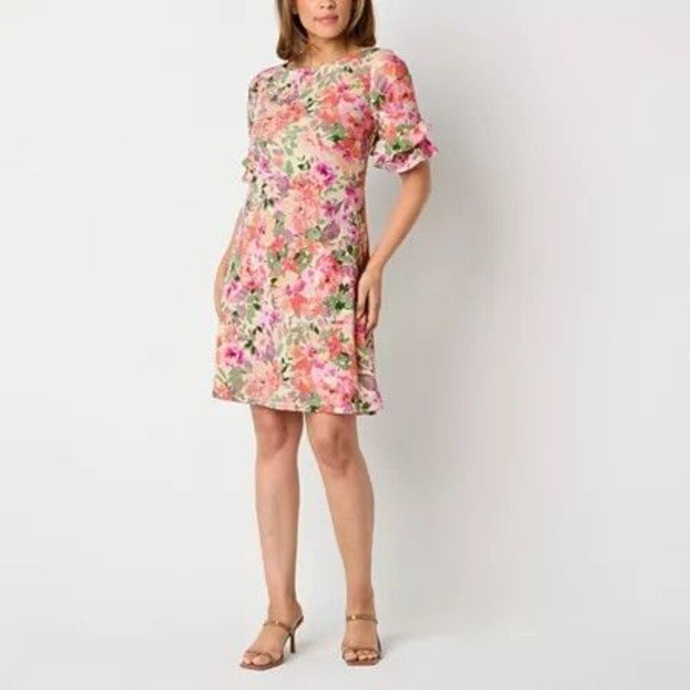 Short Sleeve Floral Shift Dress, LARGE, 5N-138D005